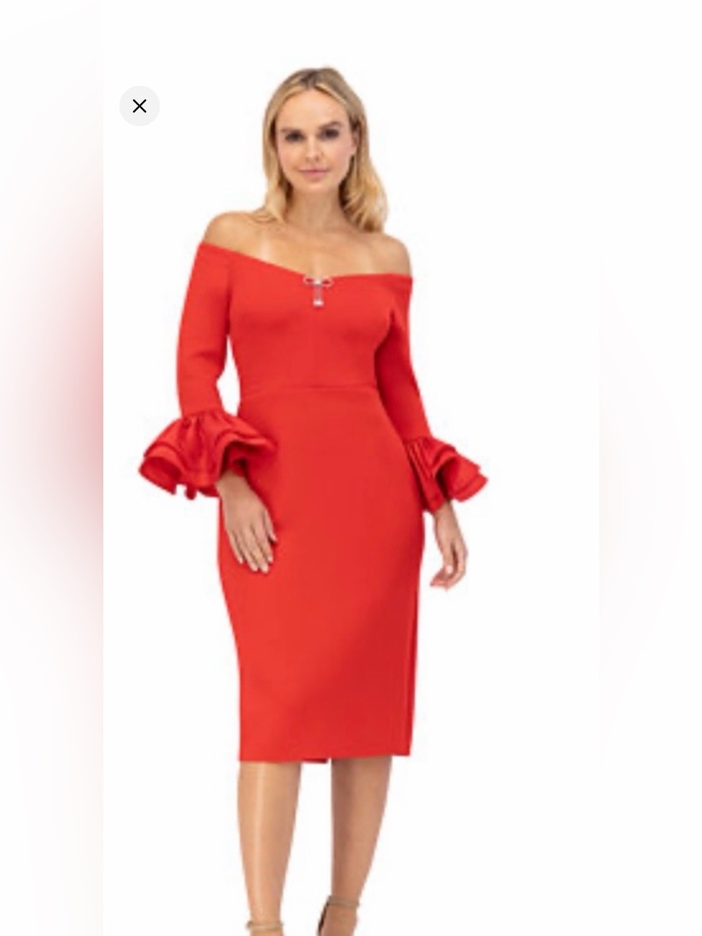 Eliza J Red Ruffle Cuff Off-The-Shoulder Midi Dress Size 14